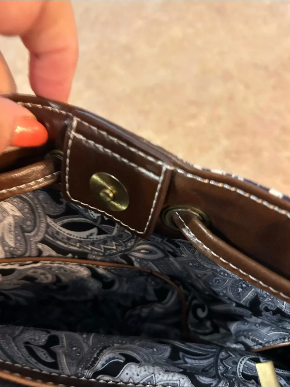 Fossil Navy and Brown Drawstring Tote Bag